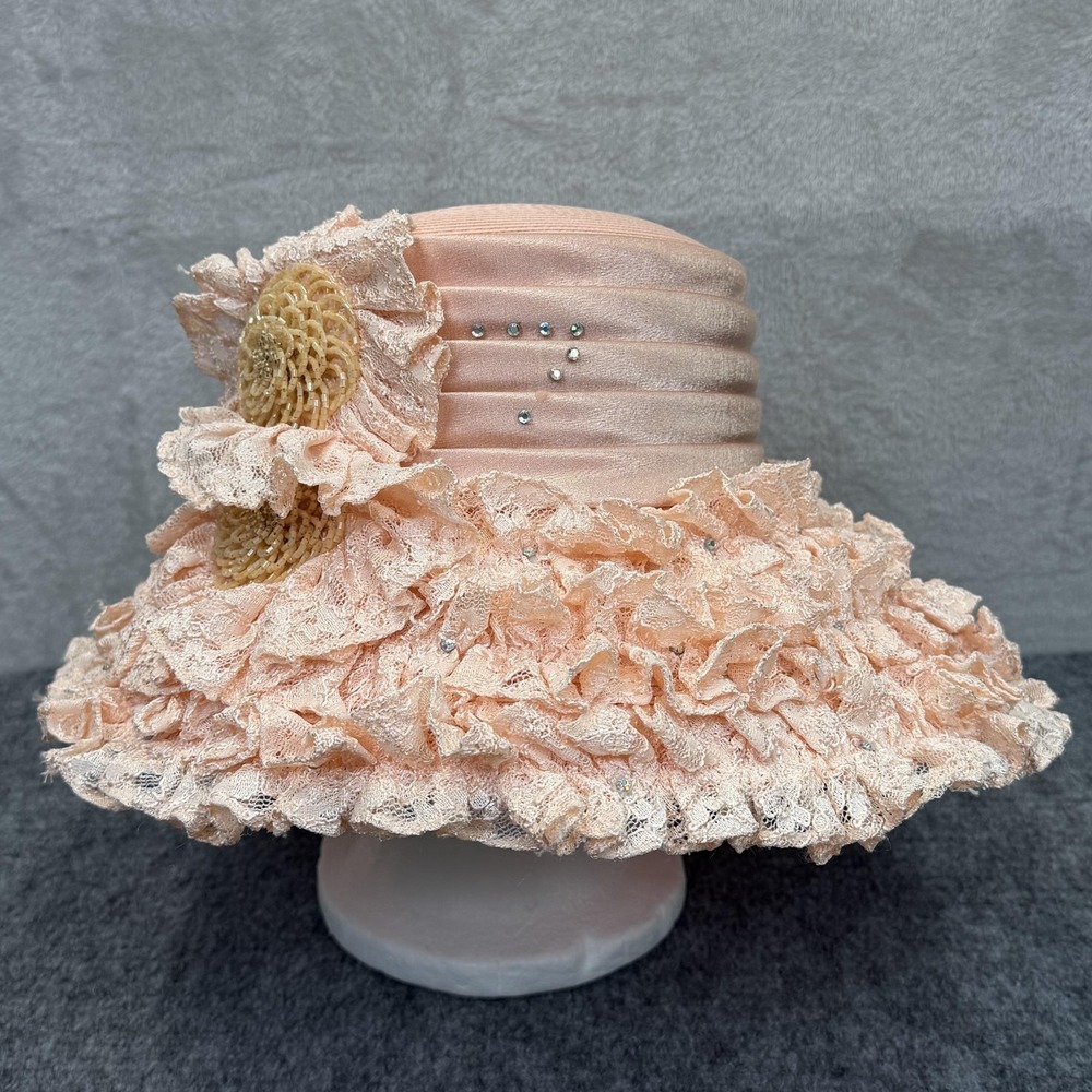 VTG Ms Divine Hat Womens Pink Lace Ruffle Derby Church Wide Brim Beaded Wedding